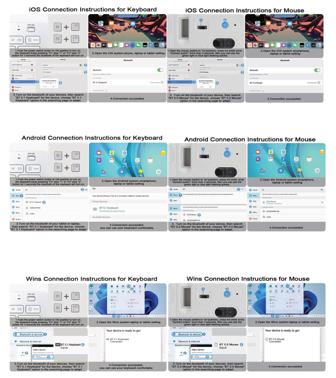 Qulose JL004 Bluetooth Keyboard and Mouse Set - Bluetooth Pairing Instructions
