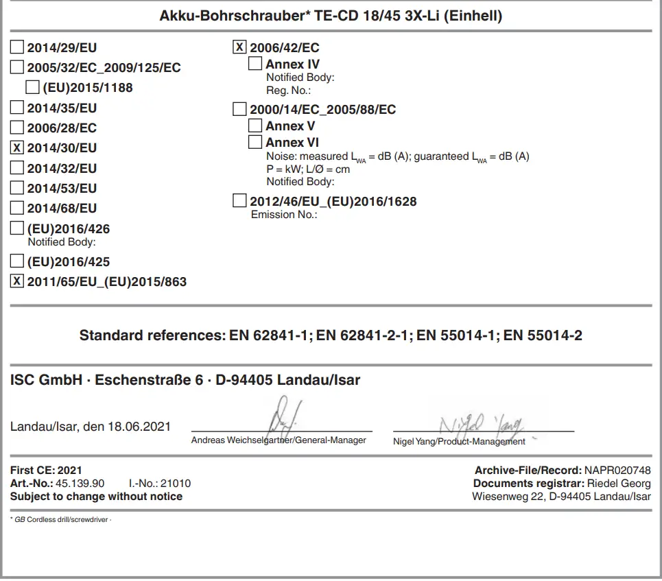 Einhell TC-CD 18-45 3X-Li Cordless Drill-Screwdriver - symbol 3