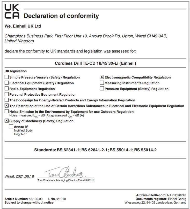Einhell TC-CD 18-45 3X-Li Cordless Drill-Screwdriver - symbol 4