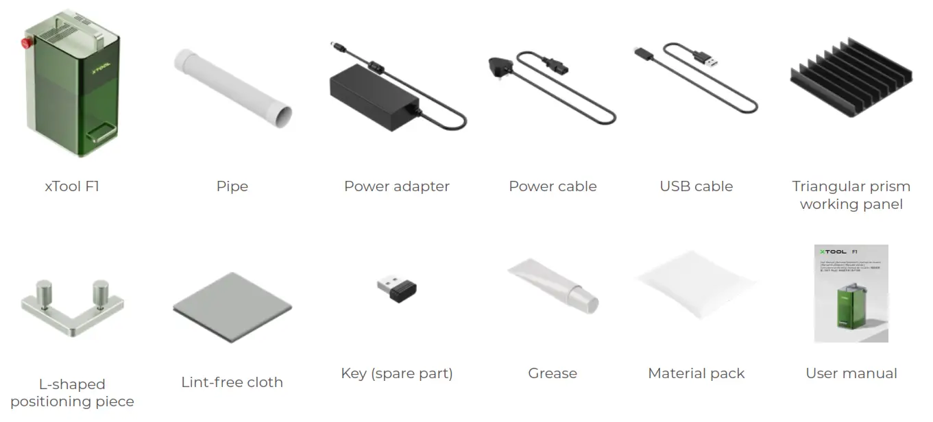 XTOOL F1 Portable IR and Diode Laser Engraver - List of items