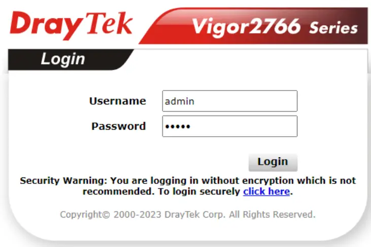 DrayTek Vigor2766 Series GFast Security Router - Login