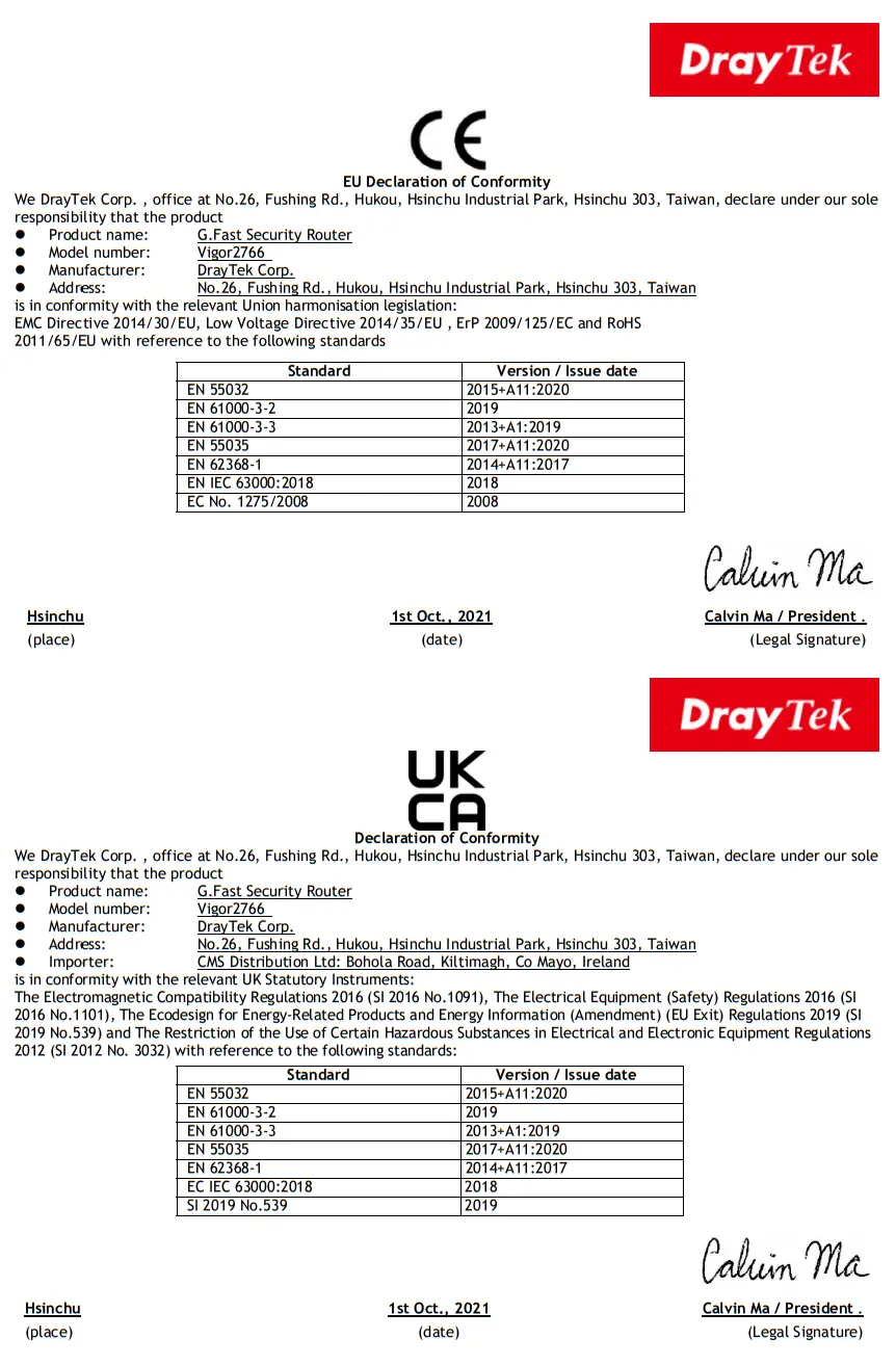 DrayTek Vigor2766 Series GFast Security Router - certificate