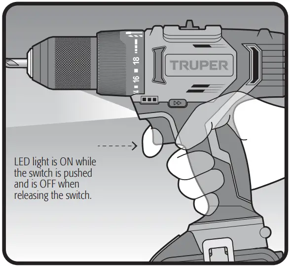 TRUPER ROTI 20A 20V Cordless Hammer Drill - operation control