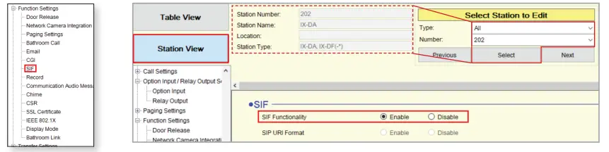 SIF Settings for IX-BA, IX-DA, and IX-MV Stations the IXW-MA