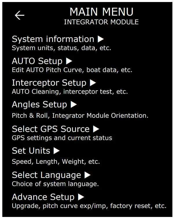 ZiPWAKE 2012311 Dynamic Trim Control System - MAIN MENU
