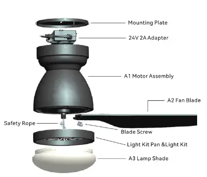 CARRO CES523N6L Triton 52 Inch Integrated LED Indoor Outdoor Black DC Motor Smart Ceiling Fan - Fan Diagram