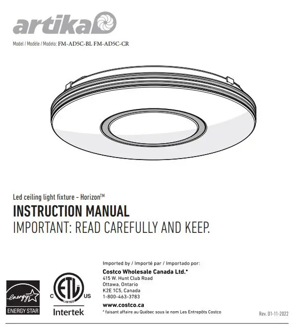 artika FM-AD5C-CR LED Ceiling Light Fixture Instruction Manual