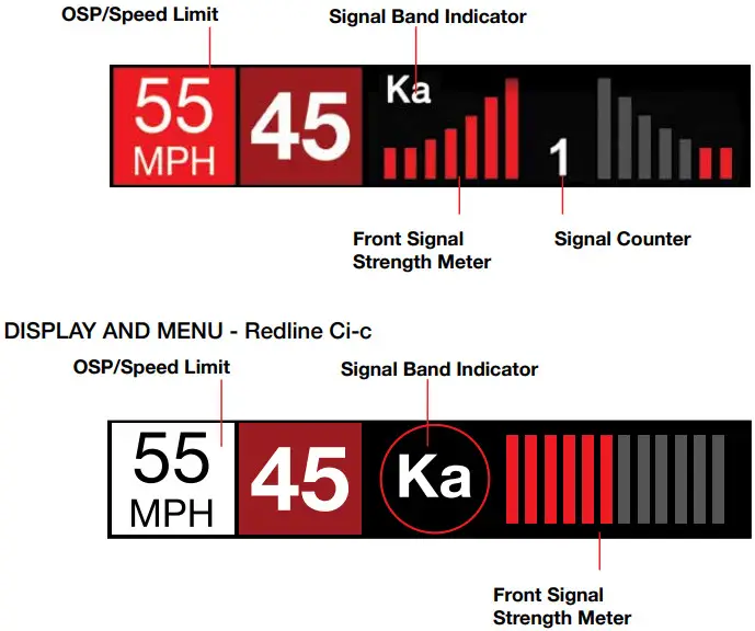 ESCORT Redline Cic Laser Defense System - DISPLAY AND MENU