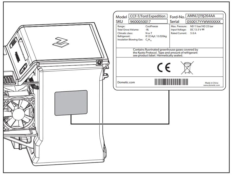 Dometic CCF T Ford Console Refrigerator - Data Plate