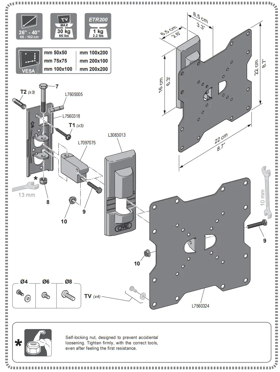CME ETR200 Slim Tilt Wall Bracket - Technical data