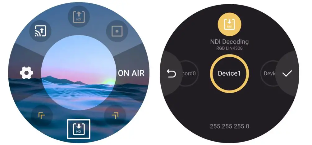 RGBlink TAO 1mini All In One Live Streaming Codec - Tap yellow arrows to select NDI Decoding icon