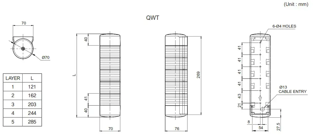 QLIGHT QWT Wall Mount LED Signal Tower with Built In Audible Alarm - Dimensions 1