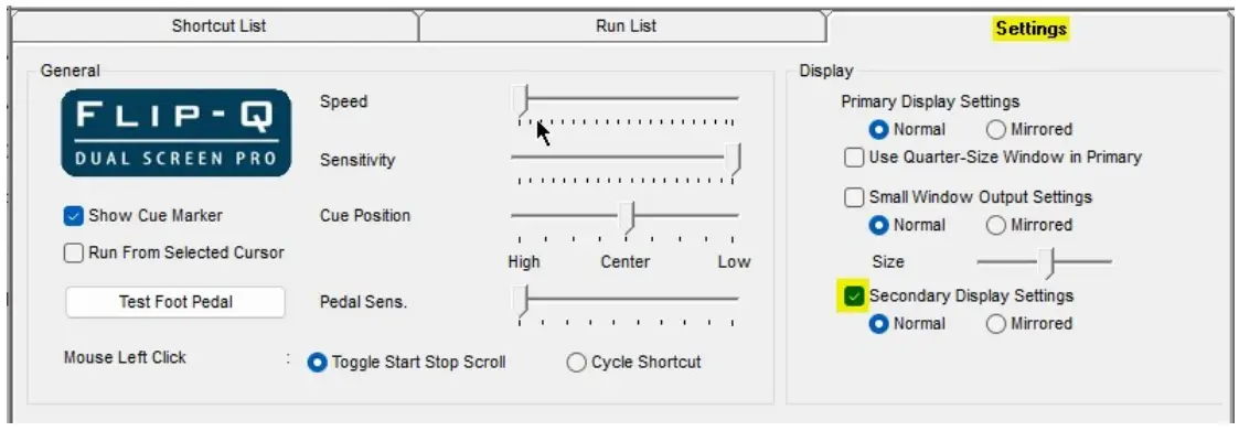 PROMPTER Met Flip Q Software - Display Settings