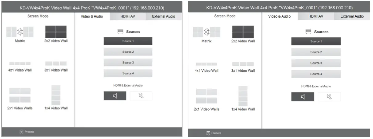 key digital KD-VW4x4ProK Video Wall Processor Matrix - Control UI layouts