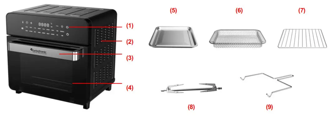 TurboTronic TT AF5 Digital Air Fryer Oven - MAIN PARTS AND ACCESSORIES