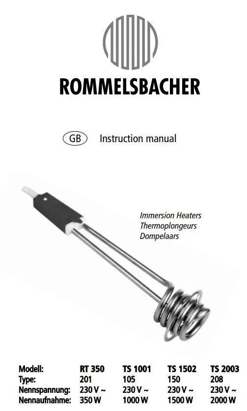 ROMMELSBACHER RR, TS Series Immersion Heaters Instruction Manual