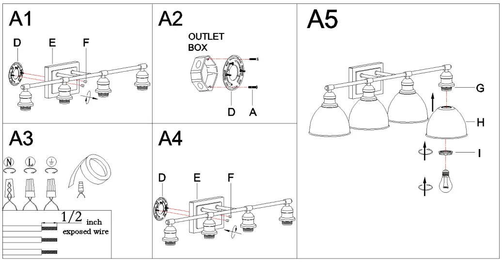 Zevni Z-48QIVVVF-51W4 31.5 Inch Modern 4 Light Black Bathroom Vanity Light - assembly