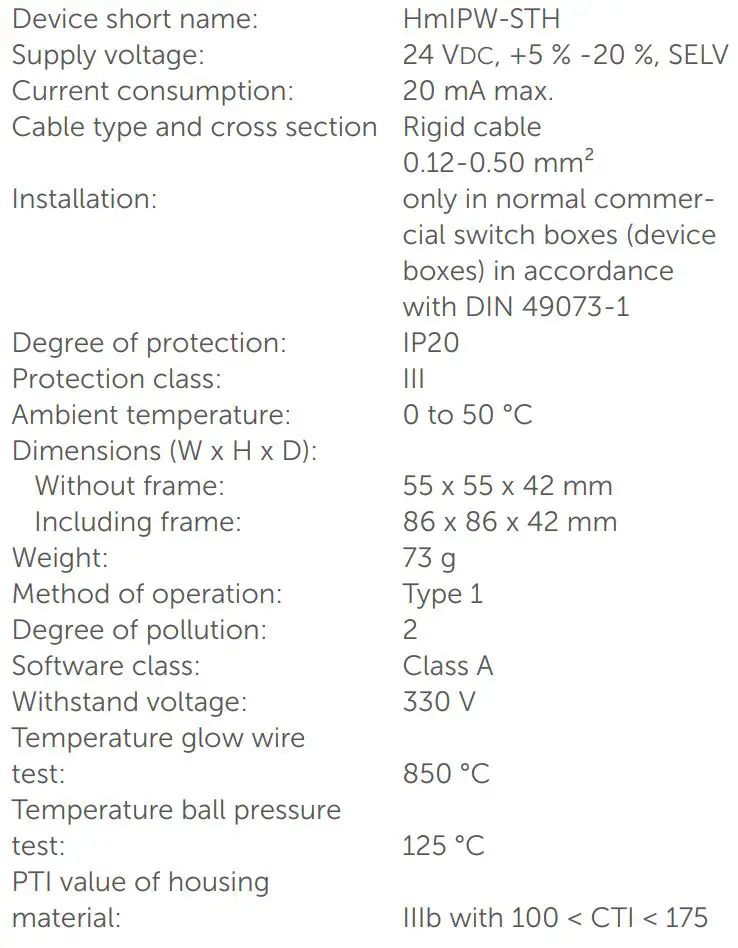 homematic HmIPW-STH Wired Temperature and Humidity Sensor Indoor User Manual - Technical specifications