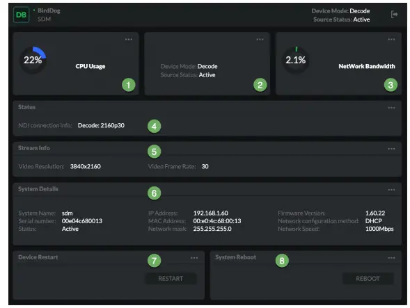 BirdDog Australia SDM NDI Decoder with DisplayPort - Dashboard
