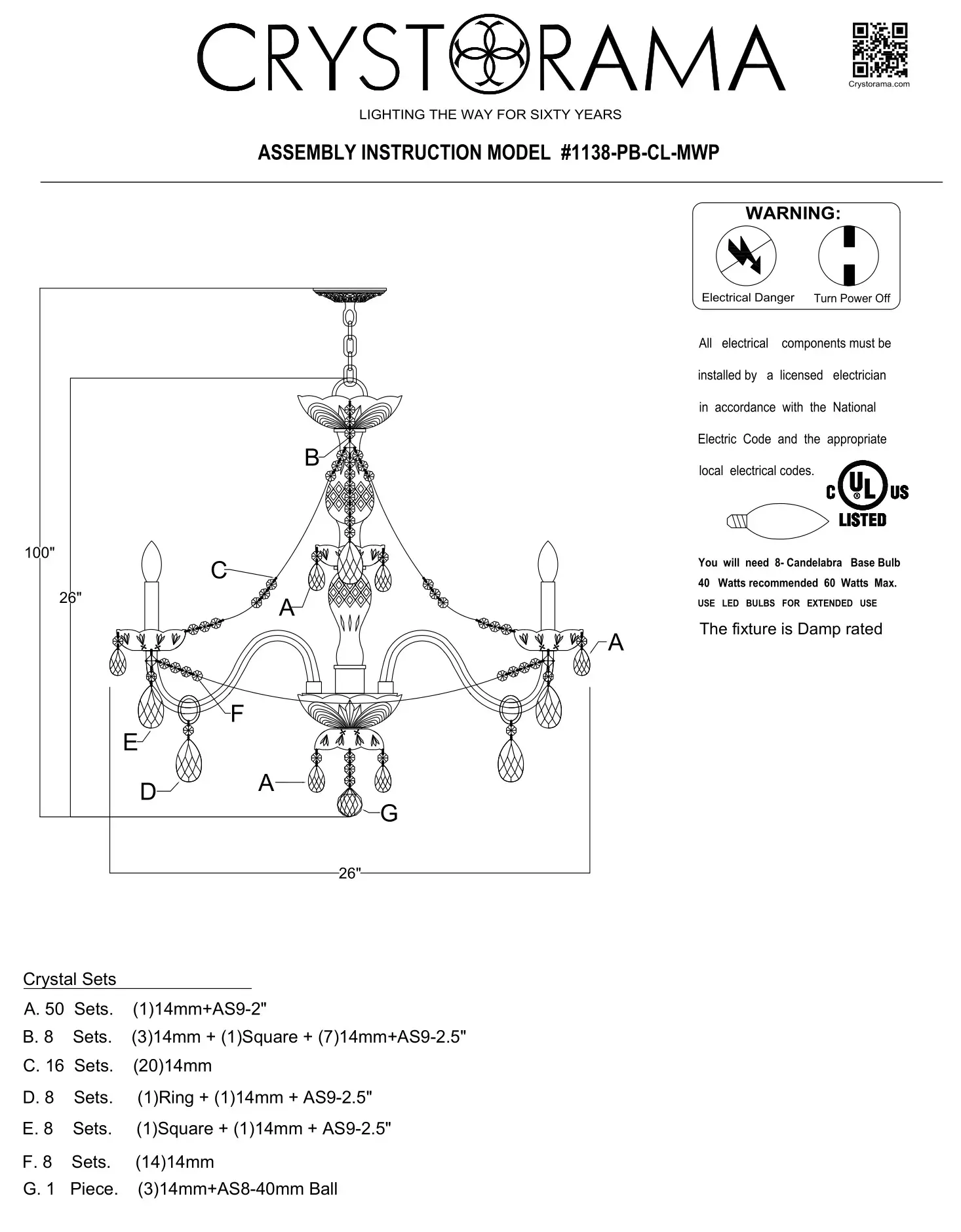 CRYSTORAMA 1138-PB-CL-MWP Traditional Crystal 8 Light Crystal Chandelier Instruction Manual