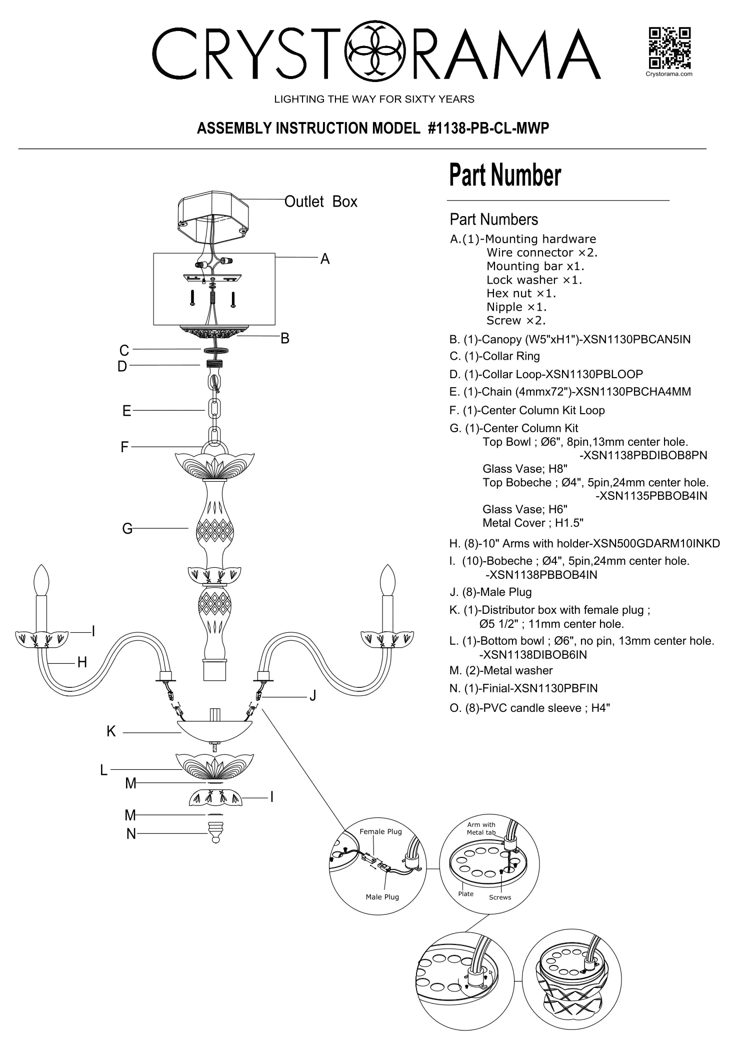 CRYSTORAMA 1138-PB-CL-MWP Traditional Crystal 8 Light Crystal Chandelier - Part Number