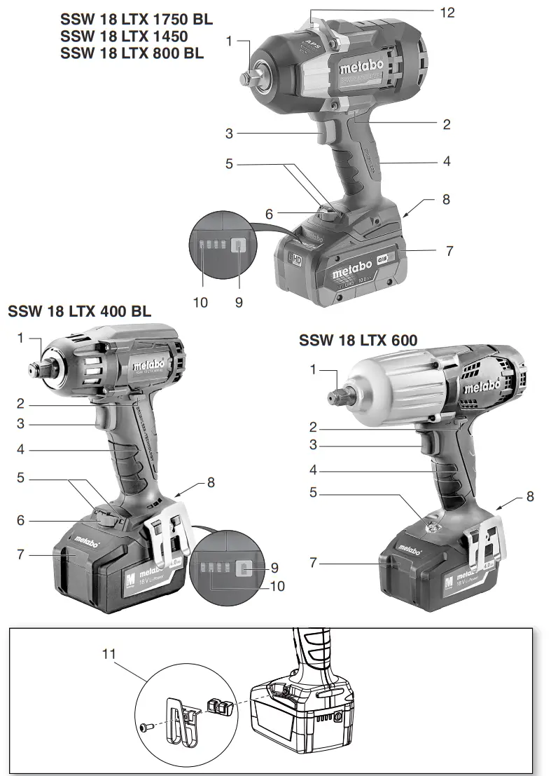 metabo SSW 18 LTX 400 BL Cordless Impact Drivers - Parts 1