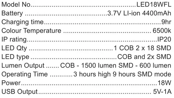SEALEY LED18WFL Rechargeable Flexible Floodlight - SPECIFICATION