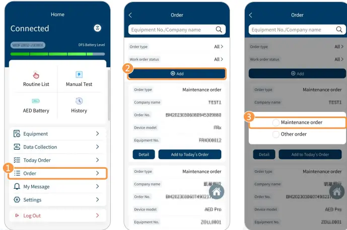 WHALETEQ DFS200 APP AED Testing APP - Create a Maintenance Order