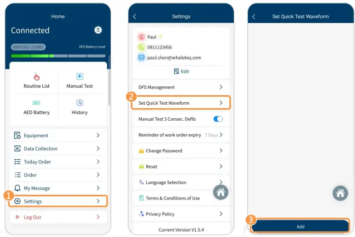 WHALETEQ DFS200 APP AED Testing APP - Set a Quick Test