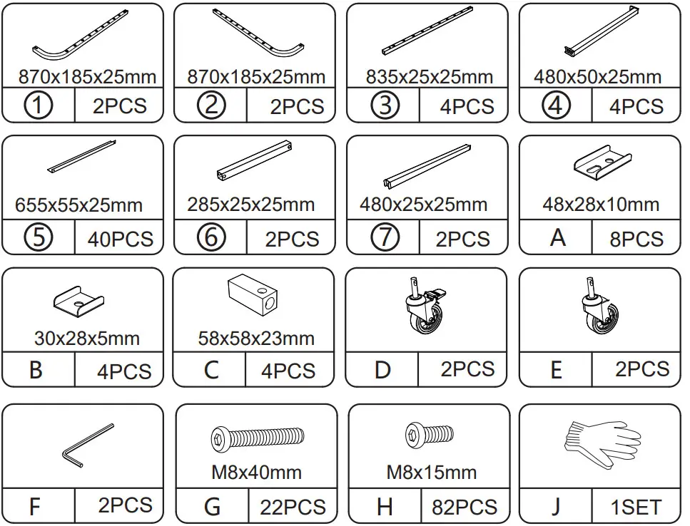 JAXPETY SY18F0285 Commercial Grade 20 Tier Bun Pan Bakery Rack - Hardware List