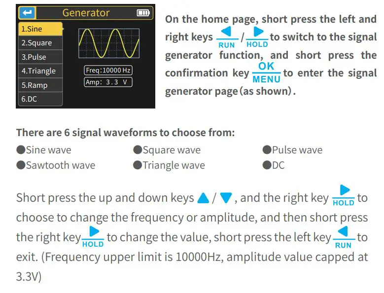 FNIRSI DSO-TC3 Digital Multimeter Instruction Manual - Operation and function description of the signal generator