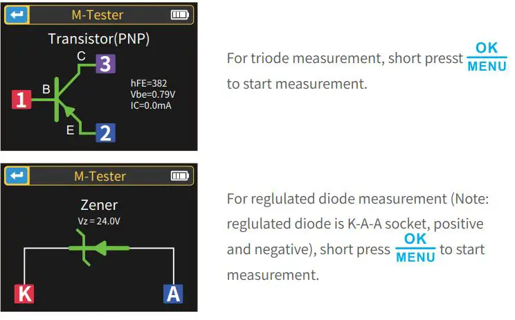 FNIRSI DSO-TC3 Digital Multimeter Instruction Manual - Operation and function description of the transistor tester