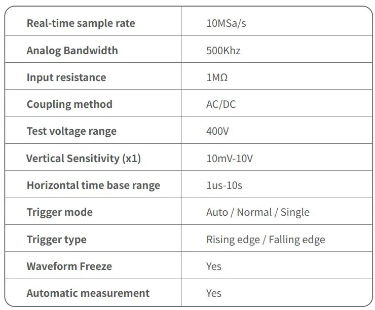 FNIRSI DSO-TC3 Digital Multimeter Instruction Manual - Specifications and parameters of the DSO Digital Oscilloscope