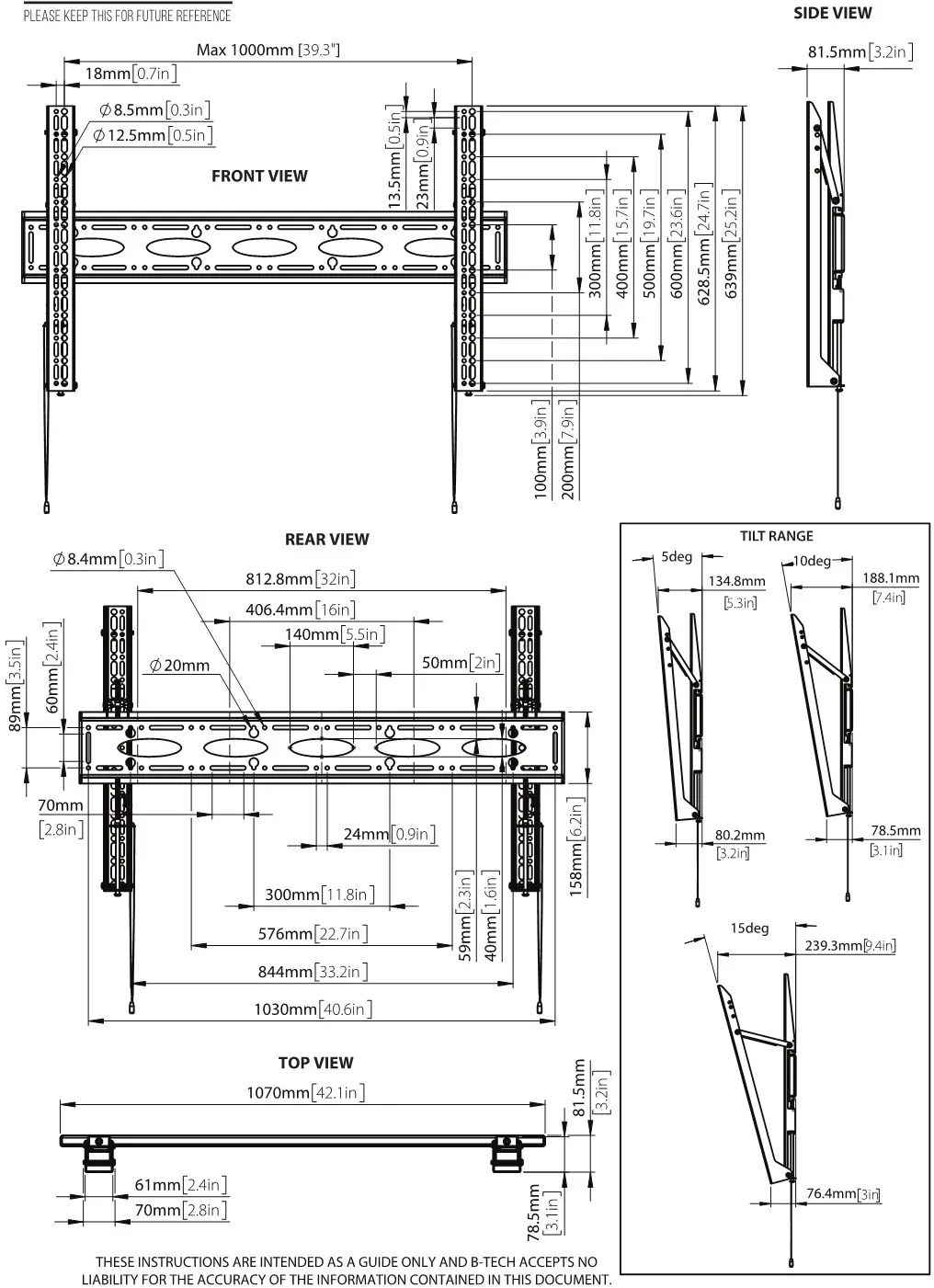 B-TECH BT9910 XL Heavy Duty Universal Flat Screen Wall Mount with Tilt - DIMENSIONS