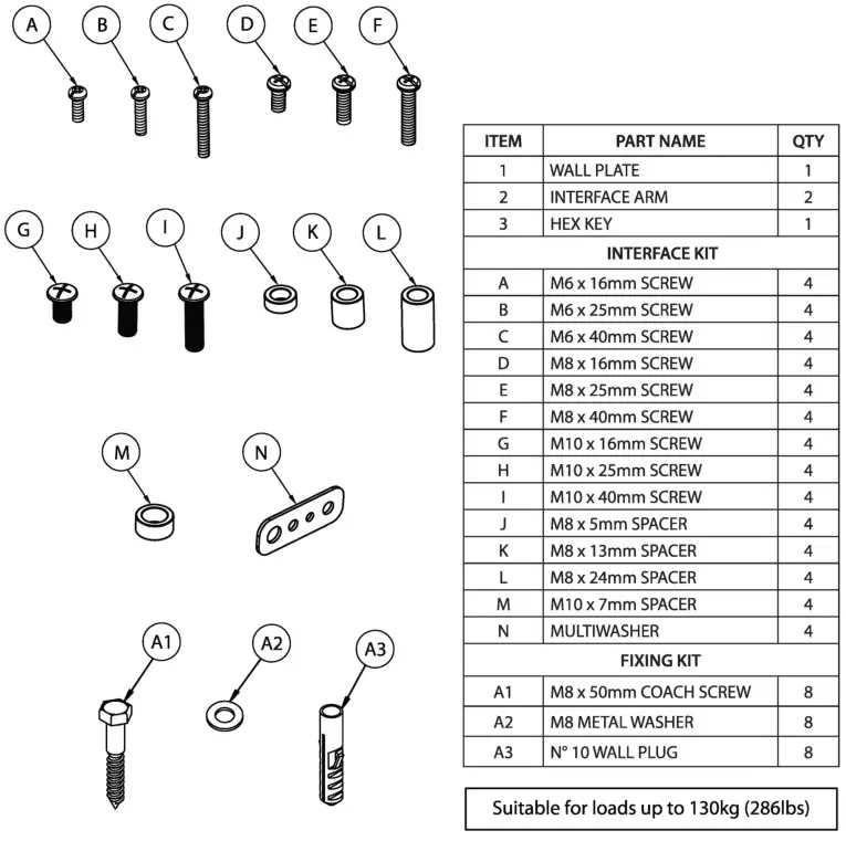 B-TECH BT9910 XL Heavy Duty Universal Flat Screen Wall Mount with Tilt - Parts Lists 2