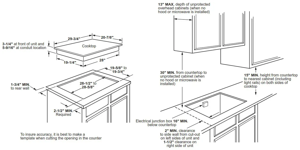 GE Profile PP7030DJ 30 Inch Built In Knob Control Electric Cooktop - APPROXIMATE COOKING DIMENSIONS