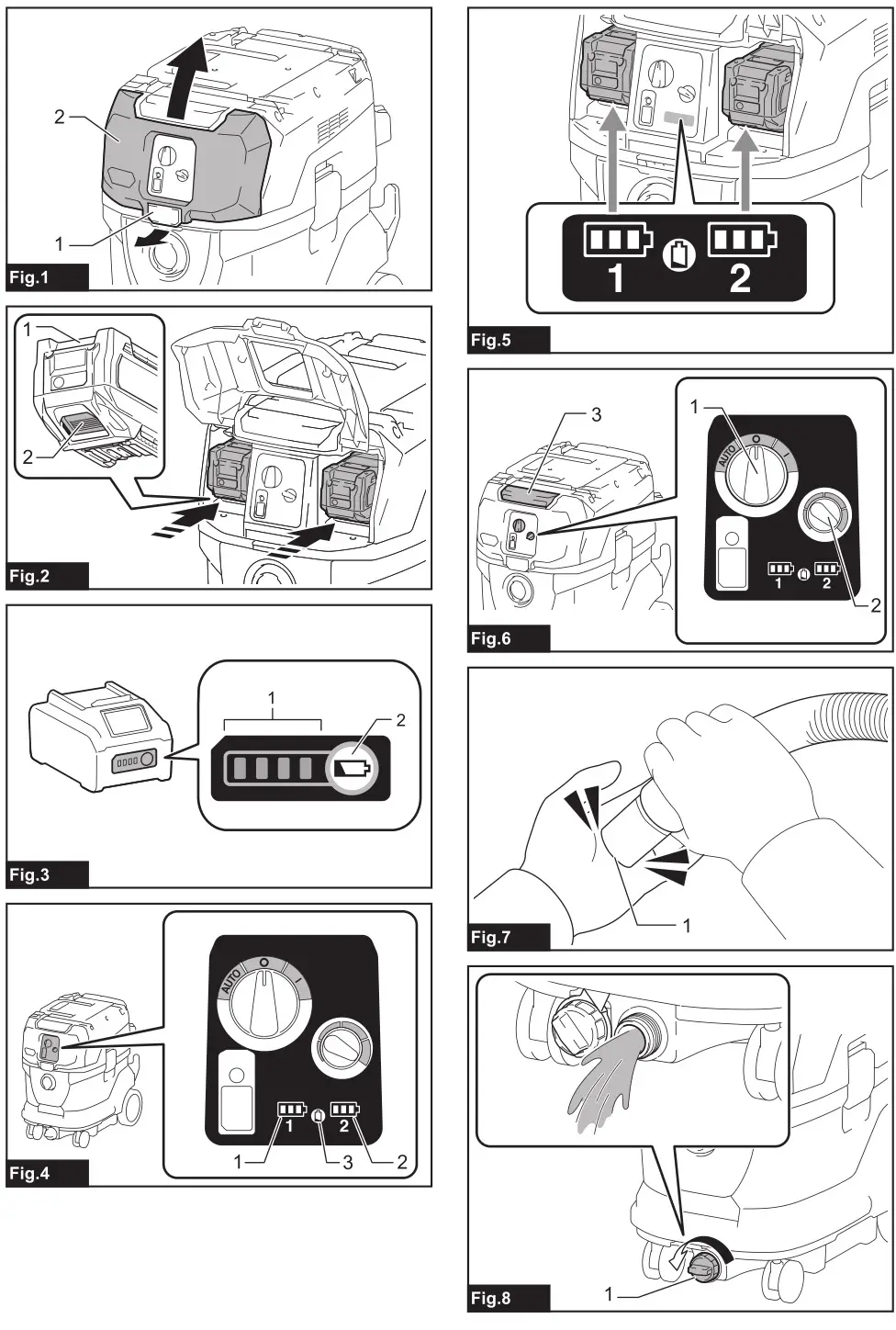 makita VC007GL Cordless Vacuum Cleaner - Fig. 1 to 8