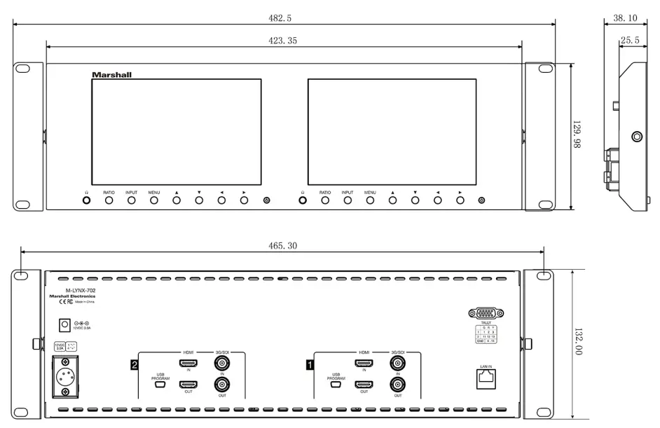 Marshall M LYNX 702 V 3 Dual 7 Inch LCD Display - Dimensions