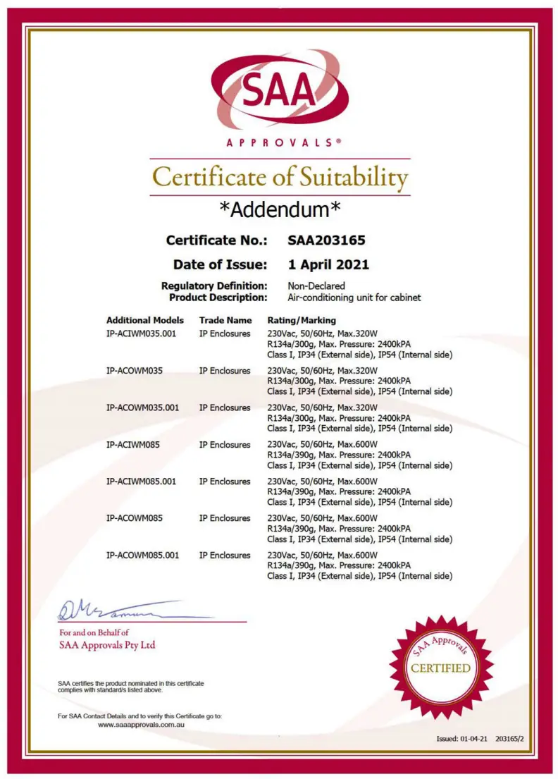 IP Enclosures IP ACIWM085 001 Air Conditioner for Electrical Enclosure Indoor Application - CERTIFICATE