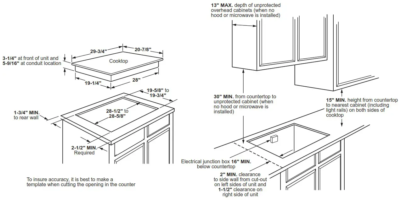 GE Profile JP5030DJ 30 Inch Built In Touch-Control Electric Cooktop - APPROXIMATE COOKING DIMENSIONS