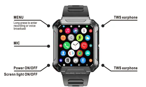 DieWei T93 Music Smart Watch with Earbuds - Touch Control