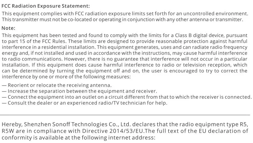 SONOFF R5-DOC Switchman Scene Controller User Manual - FCC Warning