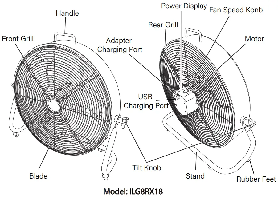 iLIVING ILG8RX12 Rechargeable Portable Industrial Outdoor Fan - Model