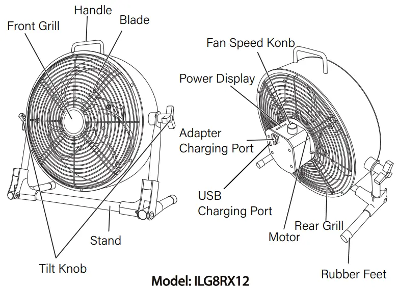 iLIVING ILG8RX12 Rechargeable Portable Industrial Outdoor Fan - PARTS OF THE FAN