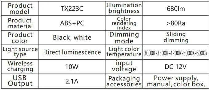 OOBEST TX223C 10W Wireless Charging Table Lamp Instruction Manual - Product Information