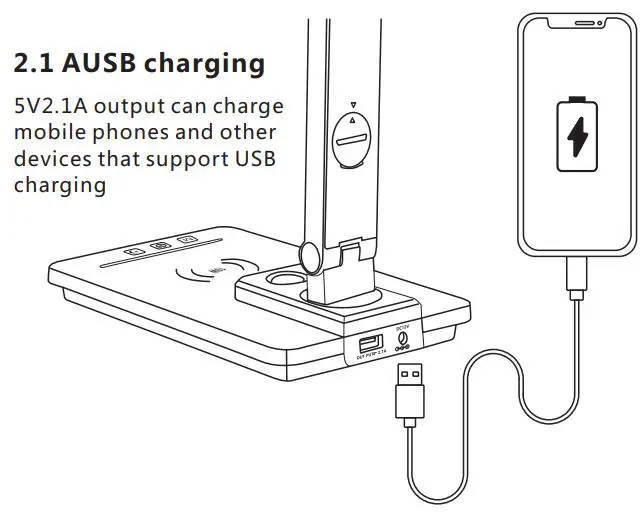 OOBEST TX223C 10W Wireless Charging Table Lamp Instruction Manual - USB Charging function