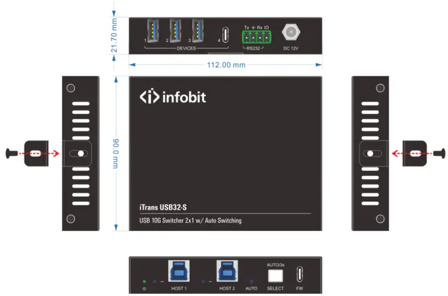 infobit iTrans USB32-S USB 10G Switcher 2x1 with Auto Switching - Panel Drawing