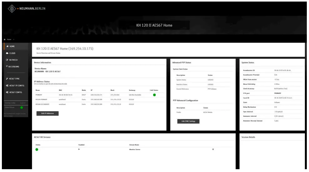 Configuring AES67 network and audio settings