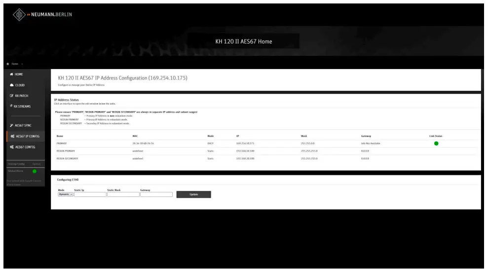 Configuring AES67 network and audio settings