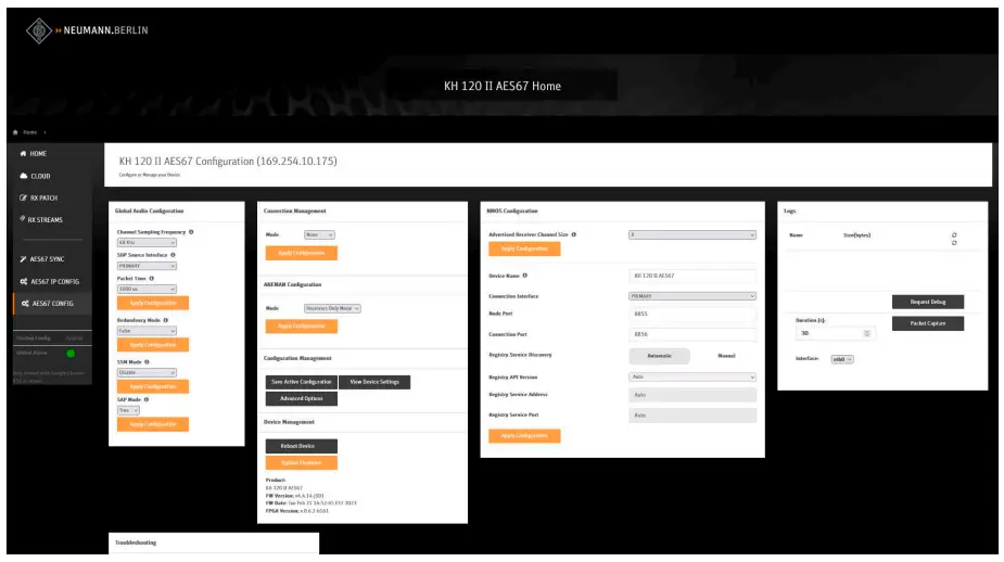 Configuring AES67 network and audio settings